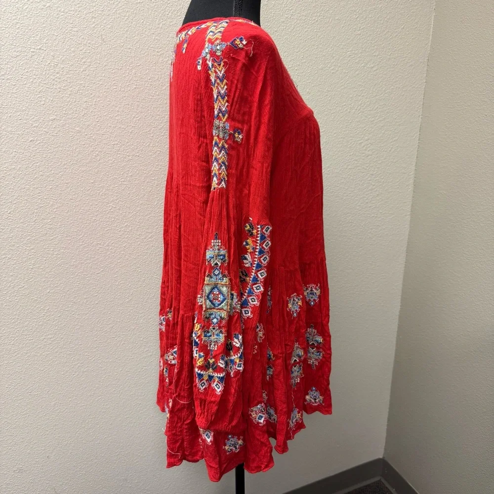 Free People Red Embroidered Boho Tunic Top Hi Low Festival Chic - Picture 6 of 10